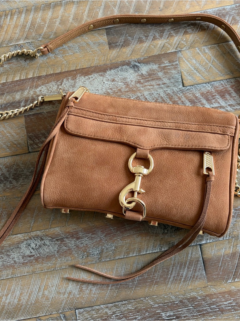 Rebecca Minkoff Suede Leather Crossbody Bag in Cognac Brown with Gold Hardware